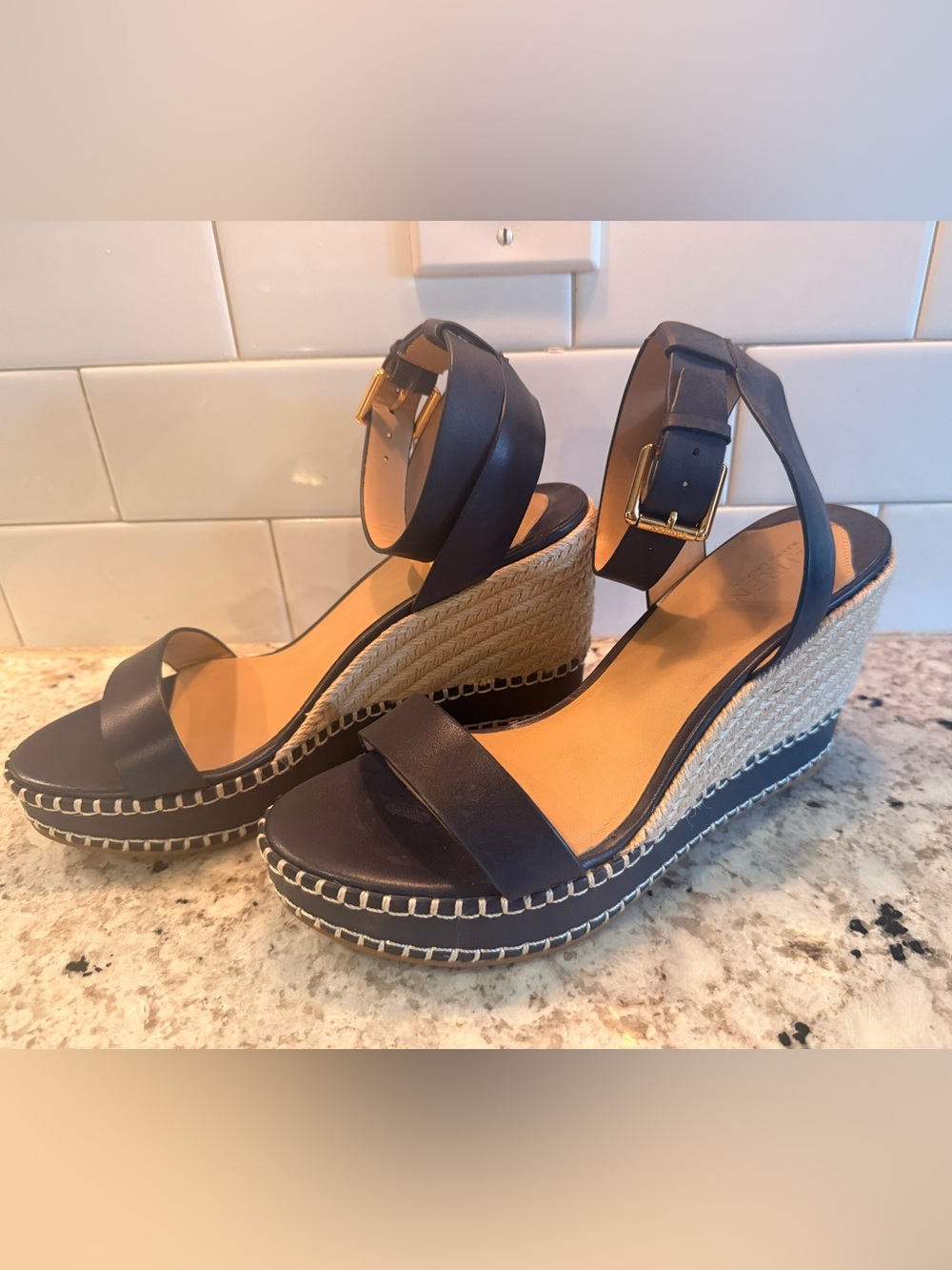 Lauren Ralph Lauren Navy Leather Espadrille Wedge Sandals with Gold Buckle